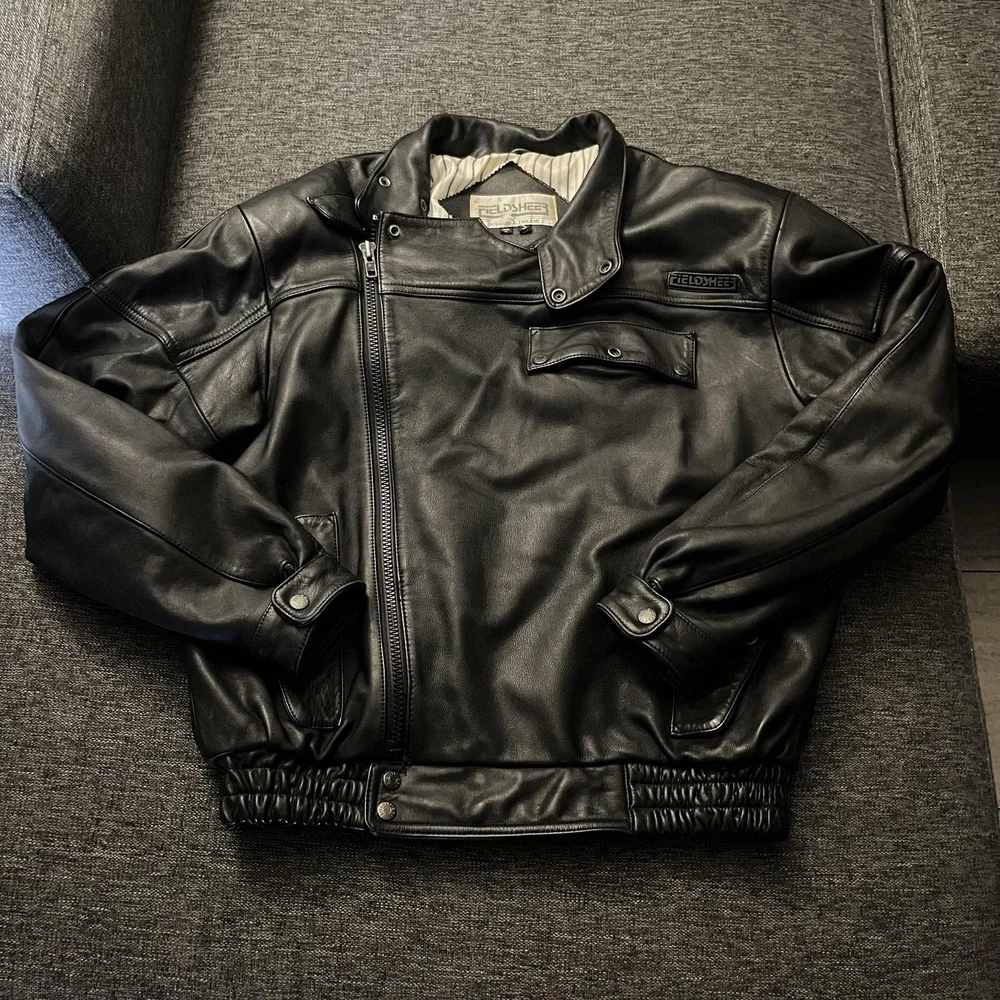 Fieldsheer Jacket Mens 46 Black Leather Motorcycle Biker Elastic Waist Zip Moto